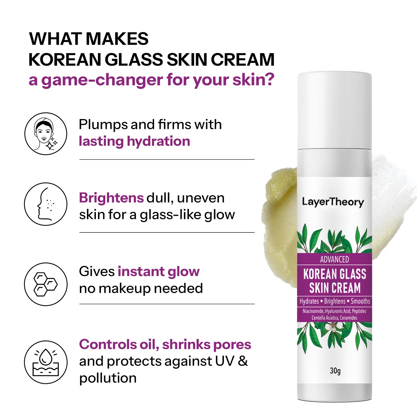 Layer Theory Korean Glass Skin Cream – 30g | With Niacinamide & Peptides for Instant Brightening, Oil Control & Deep Hydration