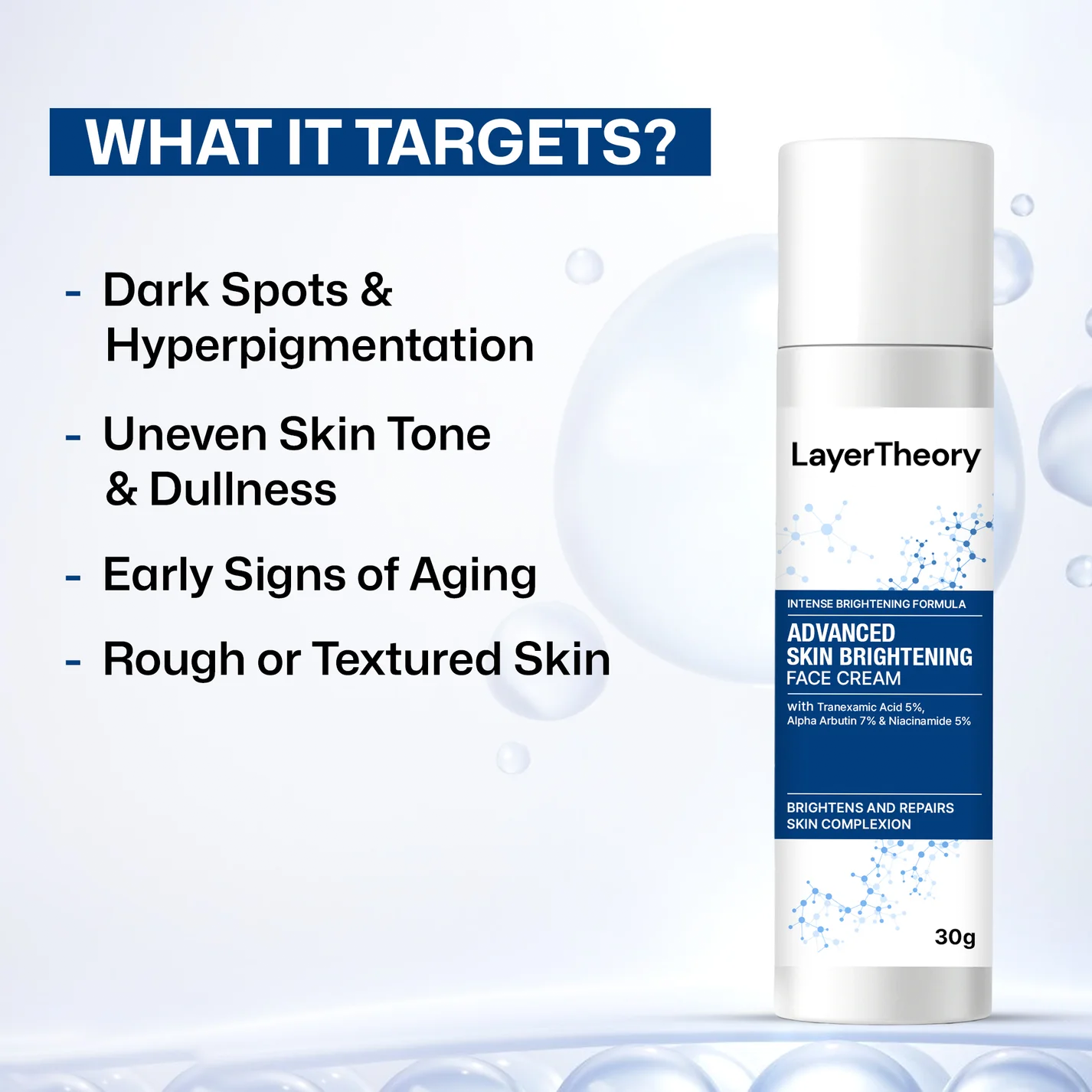 Layer Theory Advanced Skin Brightening Face Cream with Tranexamic Acid 5%, Alpha Arbutin 7% & Niacinamide 5% | Brightens, Repairs & Evens Skin Tone | 30g