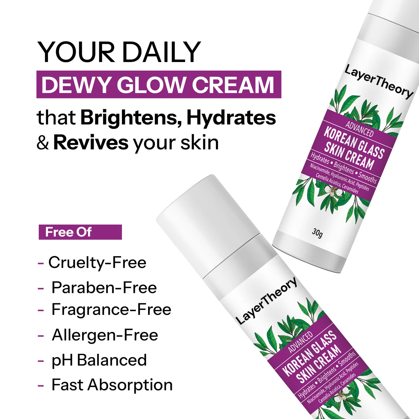 Layer Theory Korean Glass Skin Cream – 30g | With Niacinamide & Peptides for Instant Brightening, Oil Control & Deep Hydration