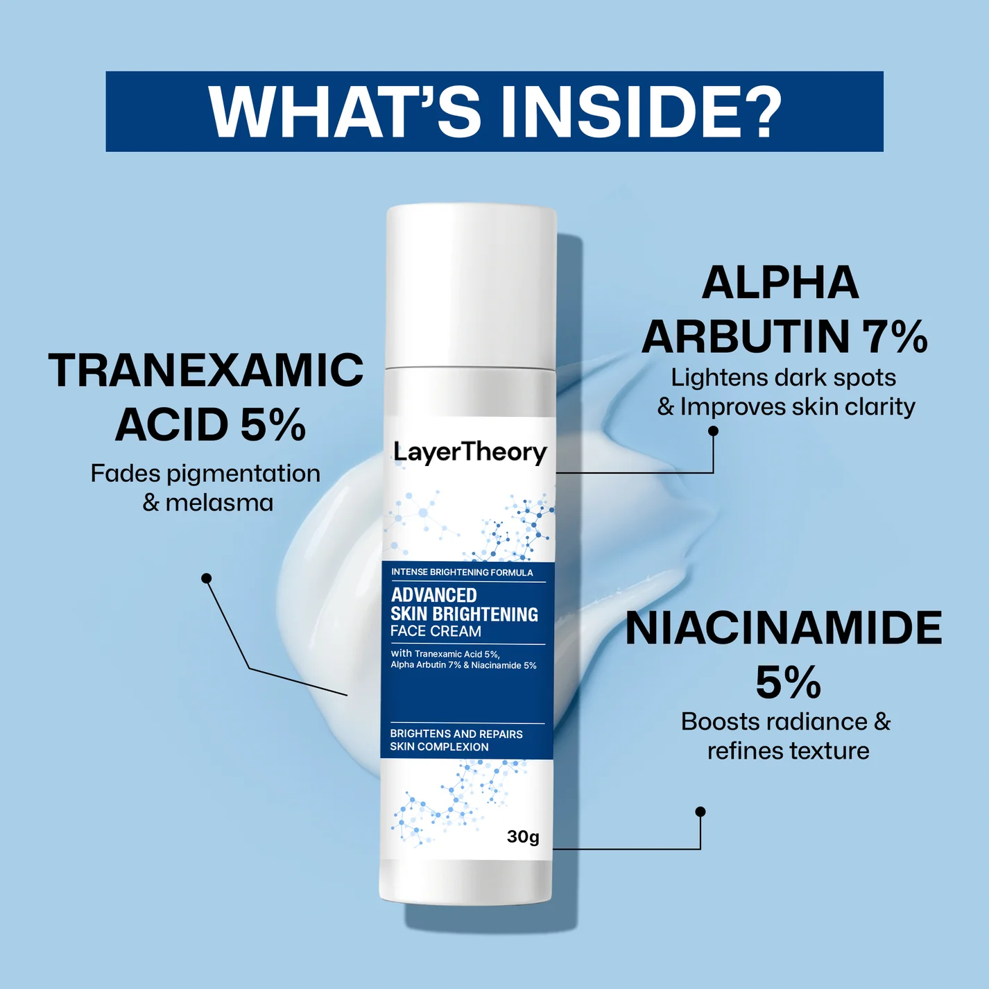 Layer Theory Advanced Skin Brightening Face Cream with Tranexamic Acid 5%, Alpha Arbutin 7% & Niacinamide 5% | Brightens, Repairs & Evens Skin Tone | 30g